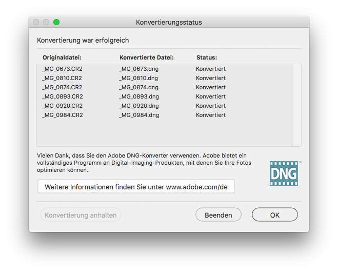 DNG Converter Konvertierungsstatus