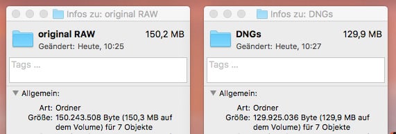 DNG Converter Vergleich von originale RAWs zu DNGs