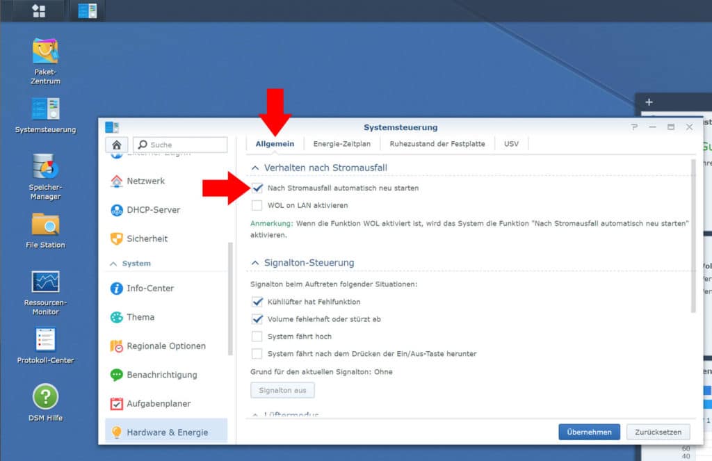 Synology DiskStation automatisch neu starten nach Stromausfall